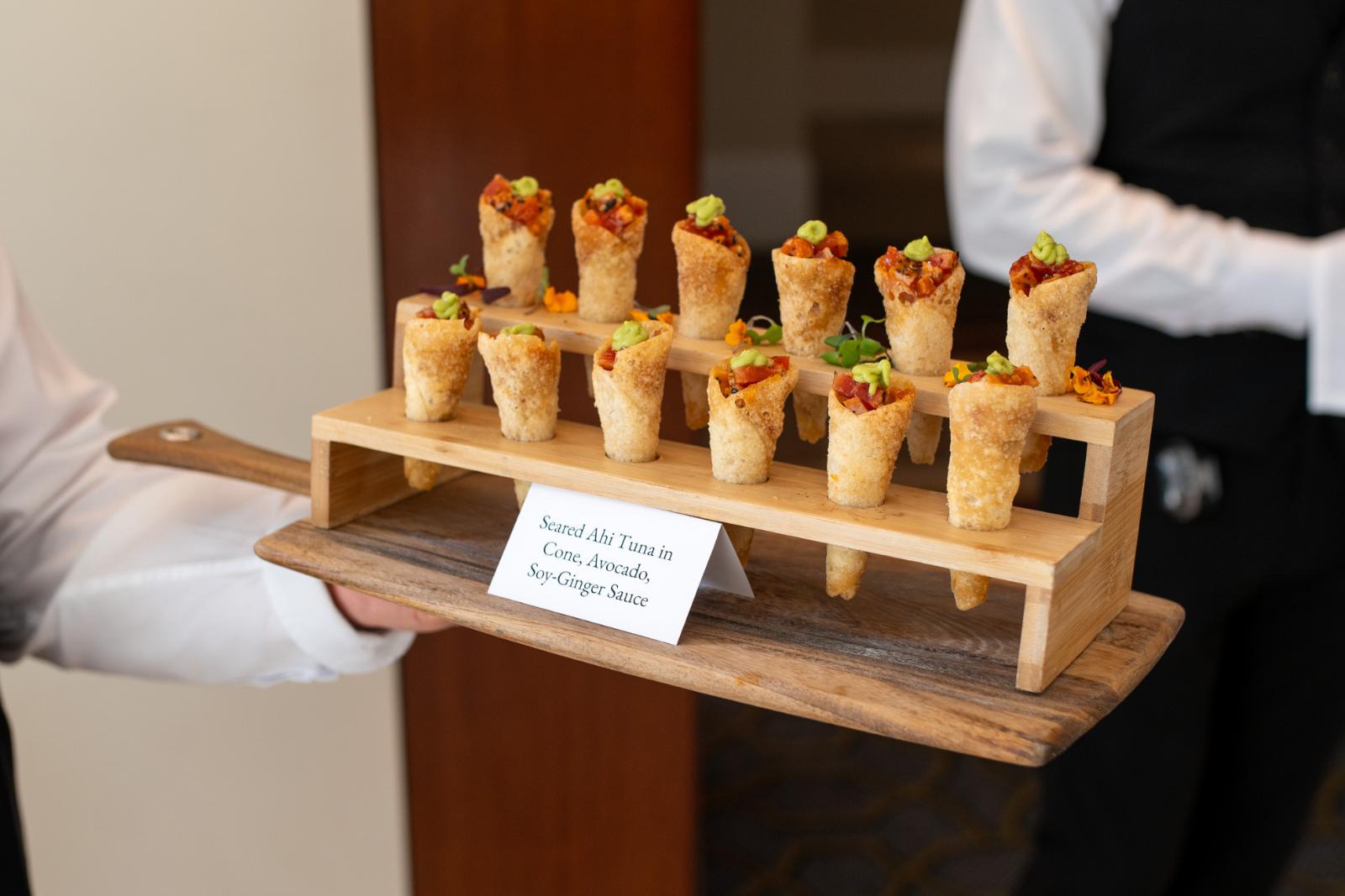 Seared ahi tuna cone appetizer served at Arts District Mansion